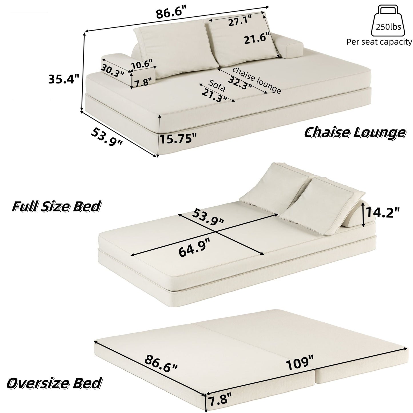 Multifunctional Convertible Sofa Bed With 2 Tumbler Backrests And 2 Pillows, Deep Seat Couch Home Essentials