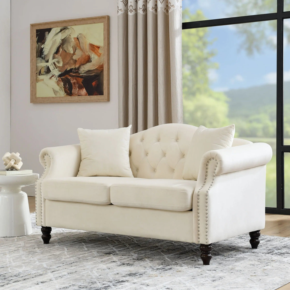 2 Seater Chesterfield Sofa With Rolled Arms And Nailhead Trim For Living Room Home Essentials