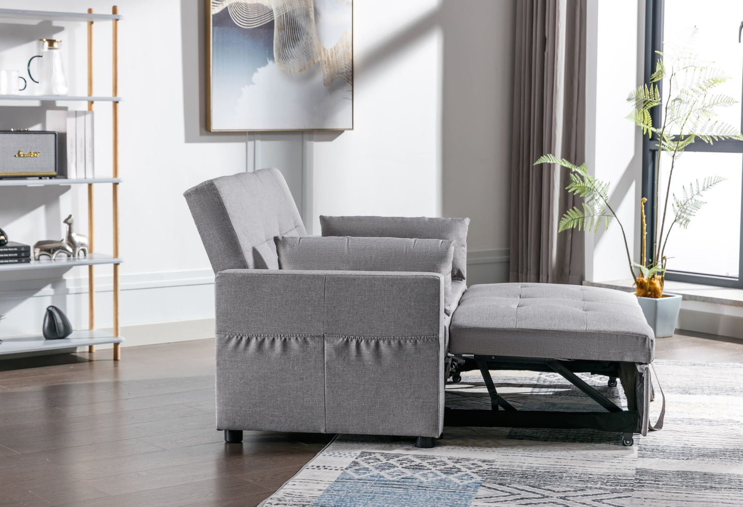 2 Seaters Slepper Sofa Bed Linen Fabric 3-In-1 Convertible Sleeper Loveseat With Side Pocket Home Essentials