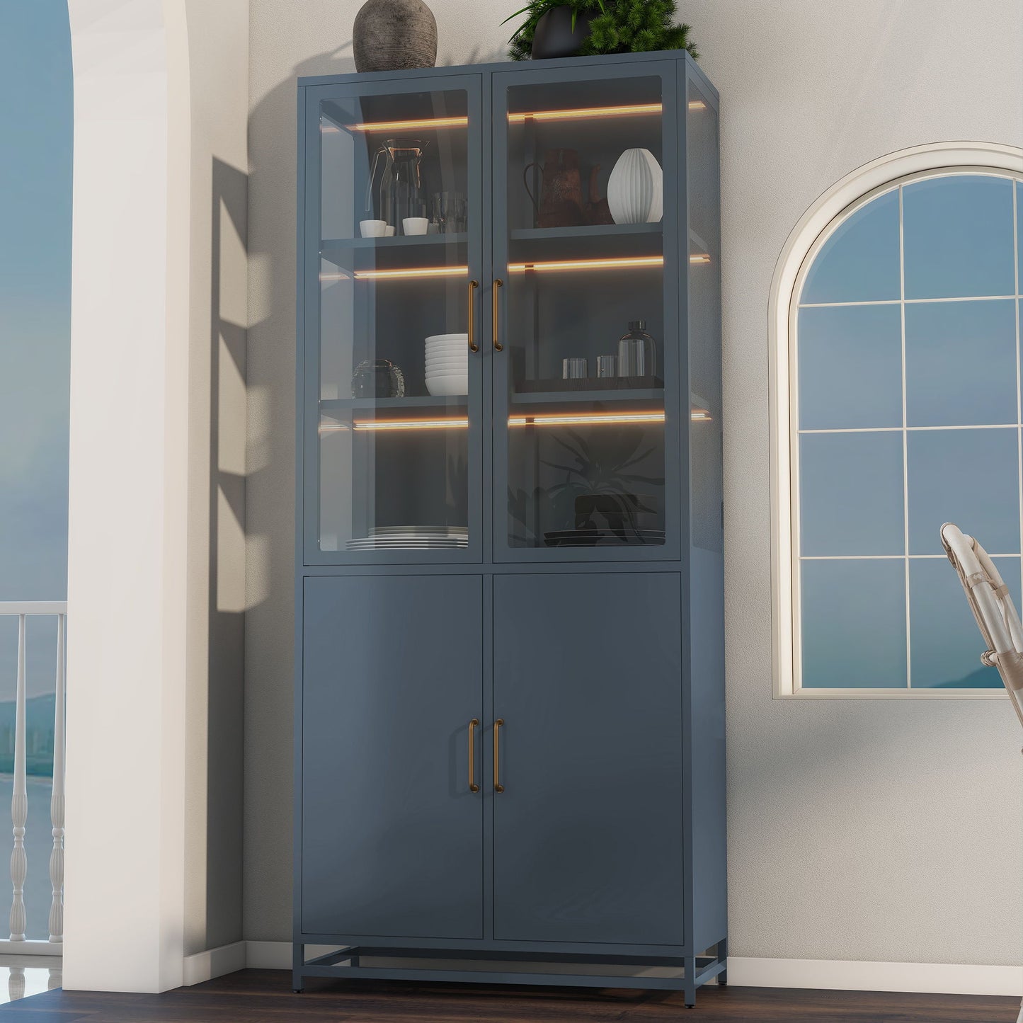 Modern Style Tall Steel Display Cabinet With Double Glass Doors, LED Lights Hearth and Haven