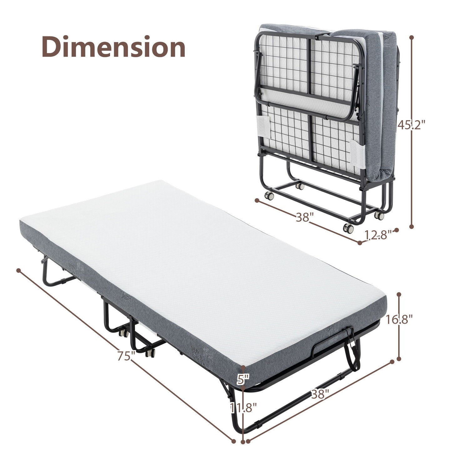 Foldable Metal Frame Bed For Guest With Memory Foam Mattress On Wheels, Saving Space Rollaway Bed Home Essentials