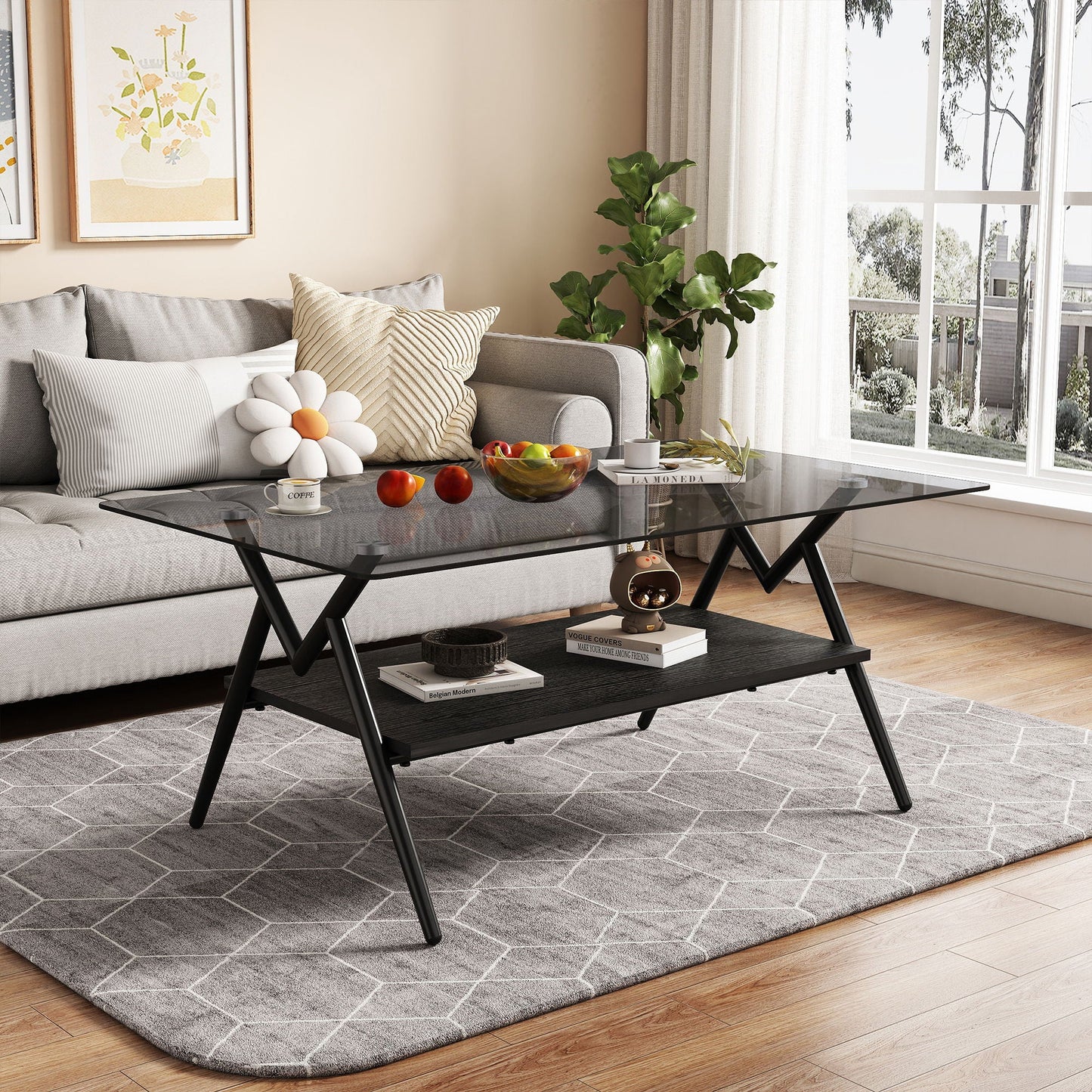 Rectangle Coffee Table With Tempered Glass Top And MDF Shelf, Modern Table For Living Room Home Essentials