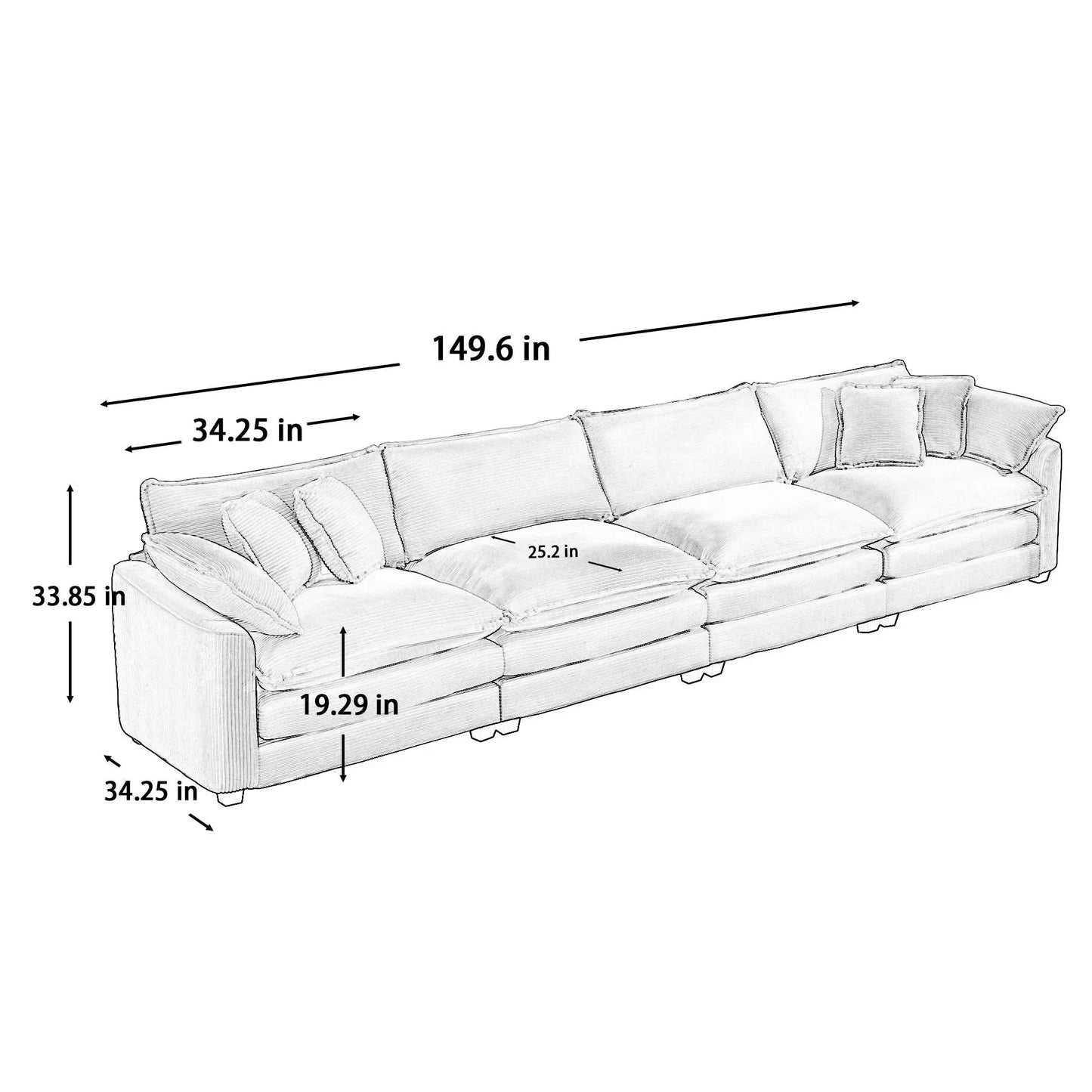Modern Upholstered 4 Seater Fabric Sofa With Arm And Throw Pillows Home Essentials