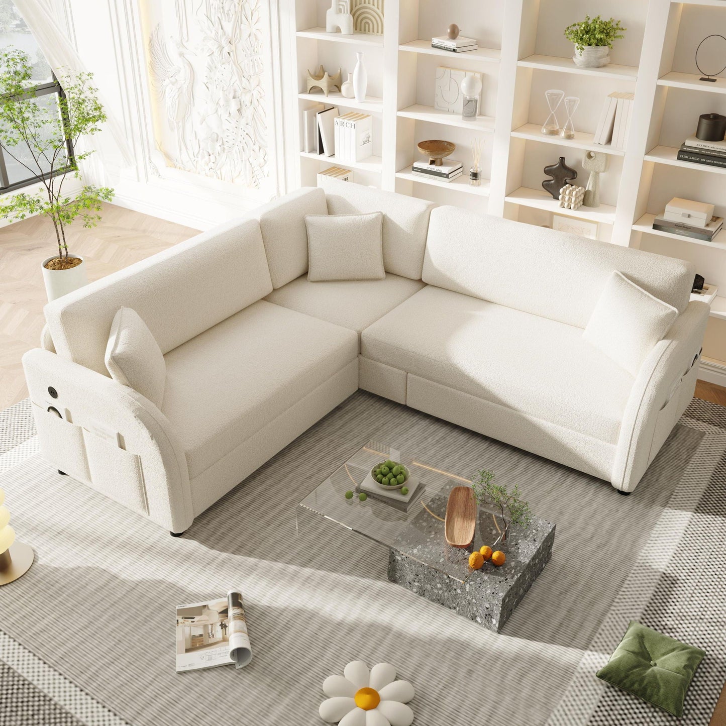 L-Shaped Couch With Pull-Out Bed, Oversize Convertible Sleeper Sofa With Side Pocket & USB Port Home Essentials
