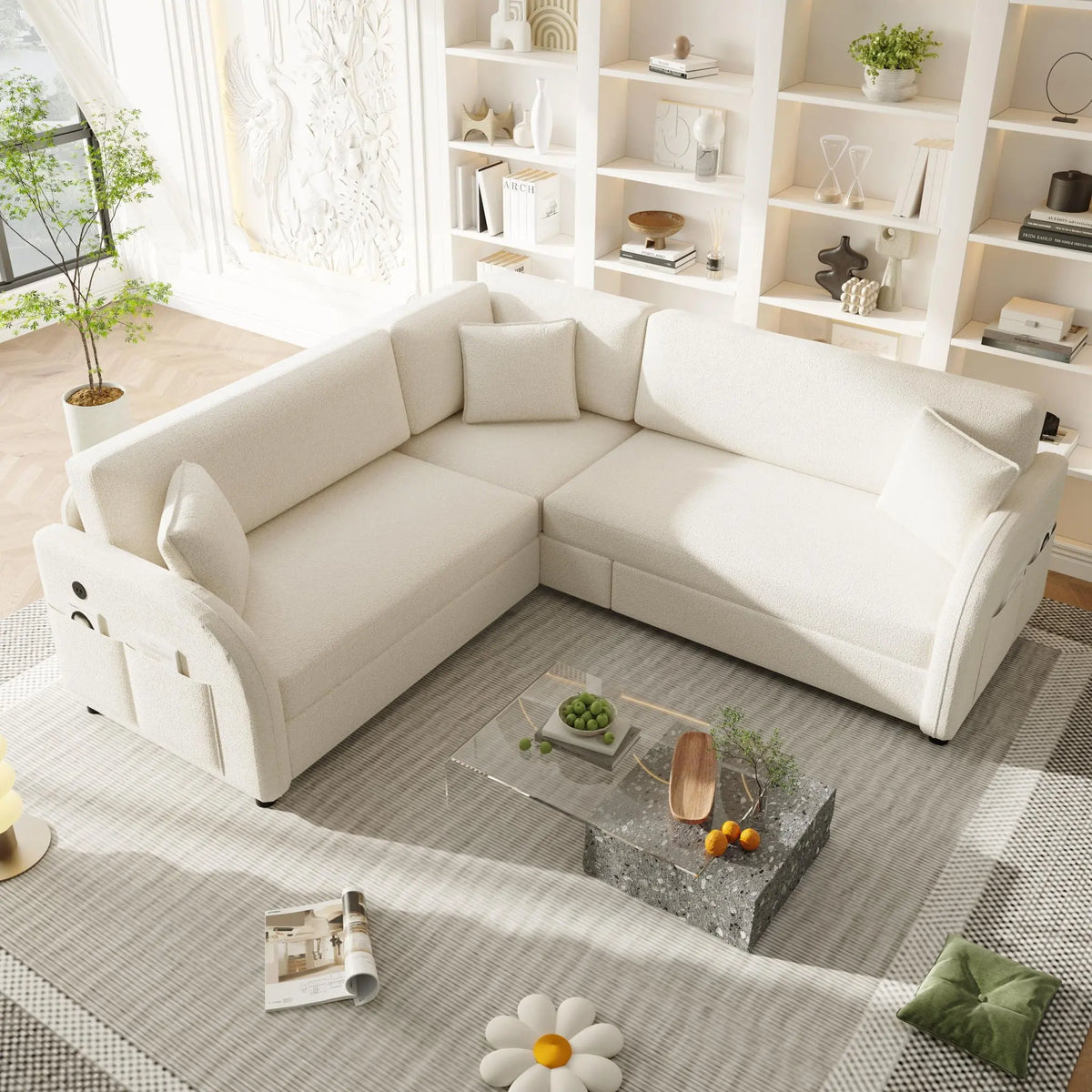 L-Shaped Couch With Pull-Out Bed, Oversize Convertible Sleeper Sofa With Side Pocket & USB Port Home Essentials