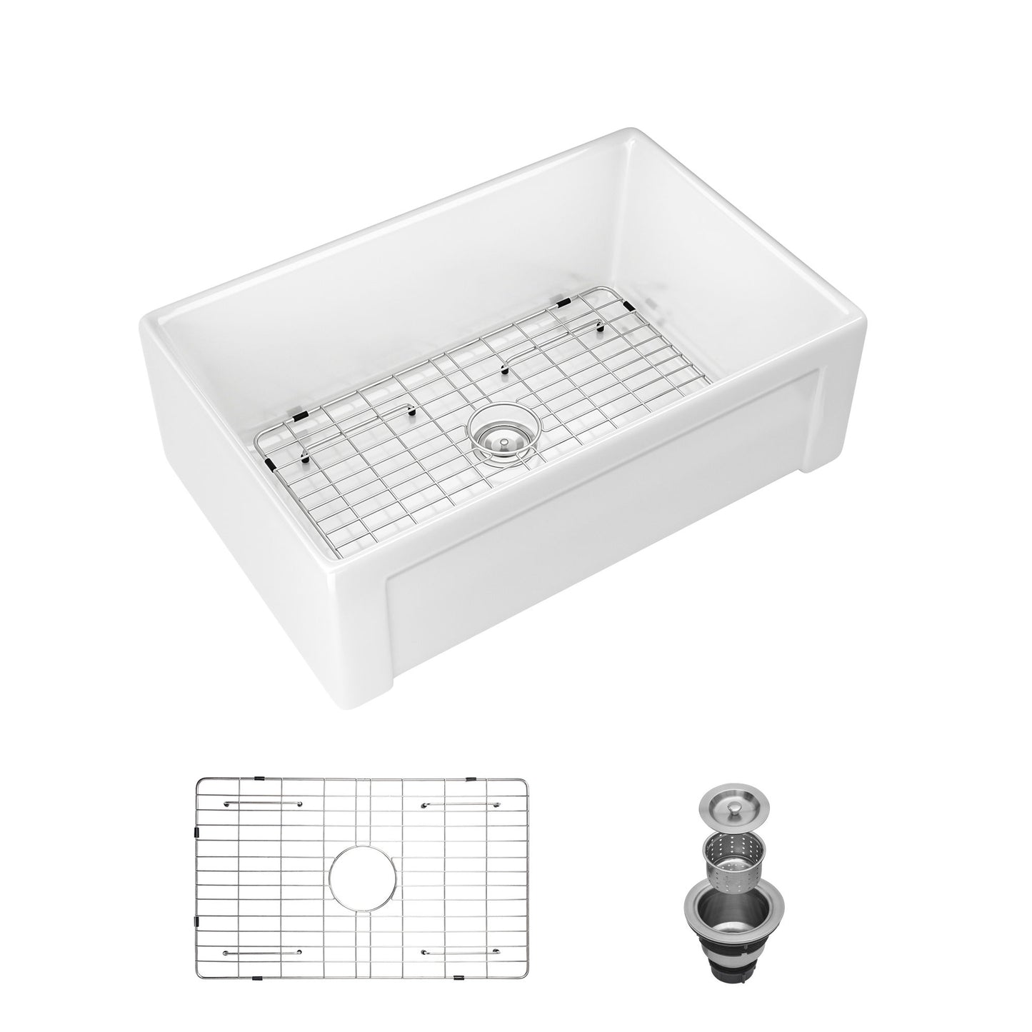 Sink 30" Apron Front Reversible Single Bowl Kitchen Sink With Grid, Strainer - White Daily Nest