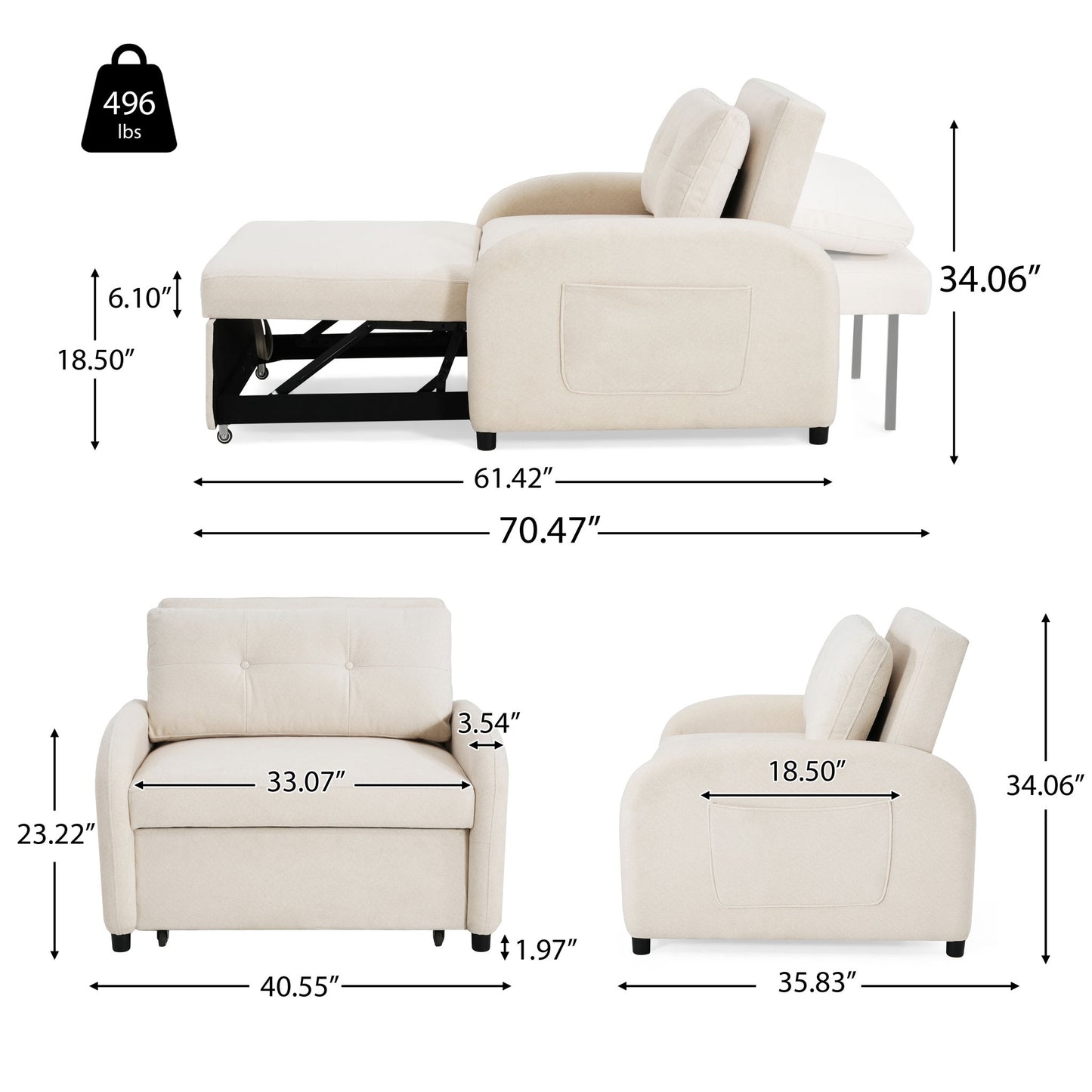 3 In 1 Convertible Sleeper Sofa Bed For Living Room Noble House