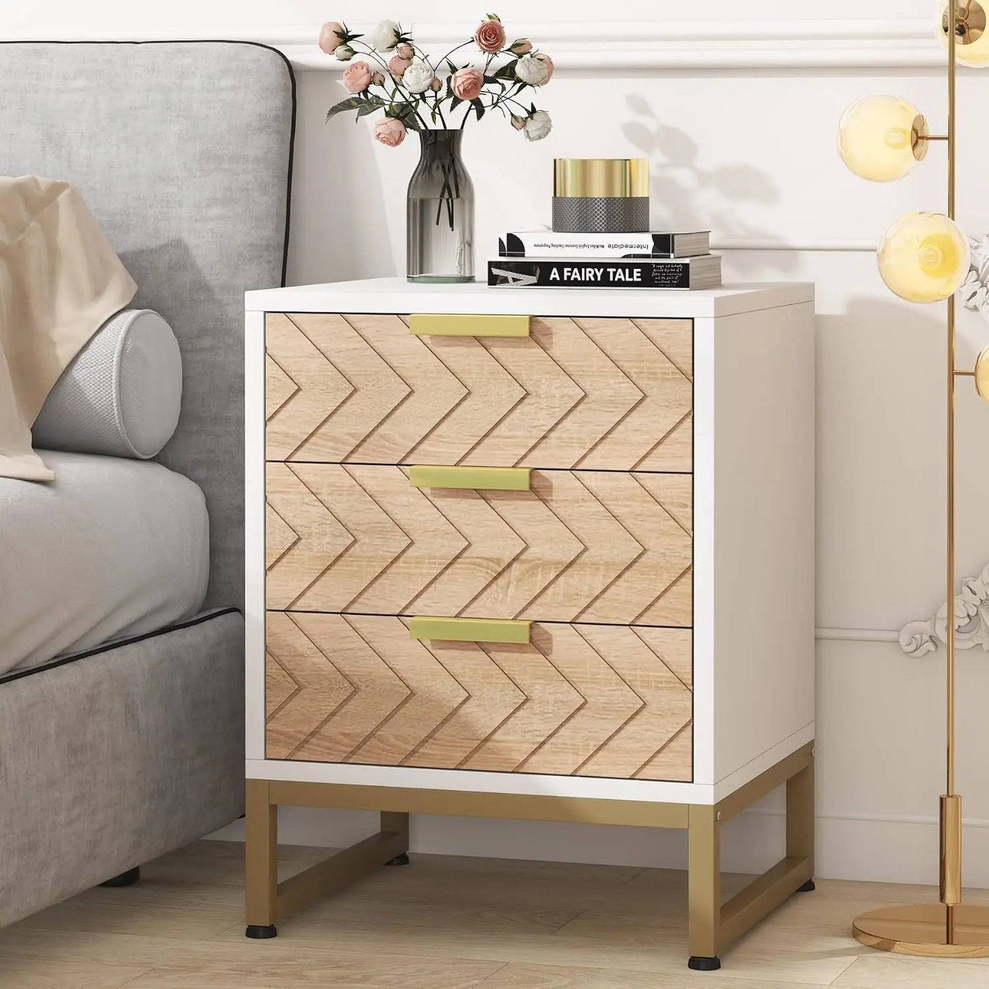 Nightstands With 3 Drawers, Zig Zag Design (Set of 2) - White / Oak Home Essentials