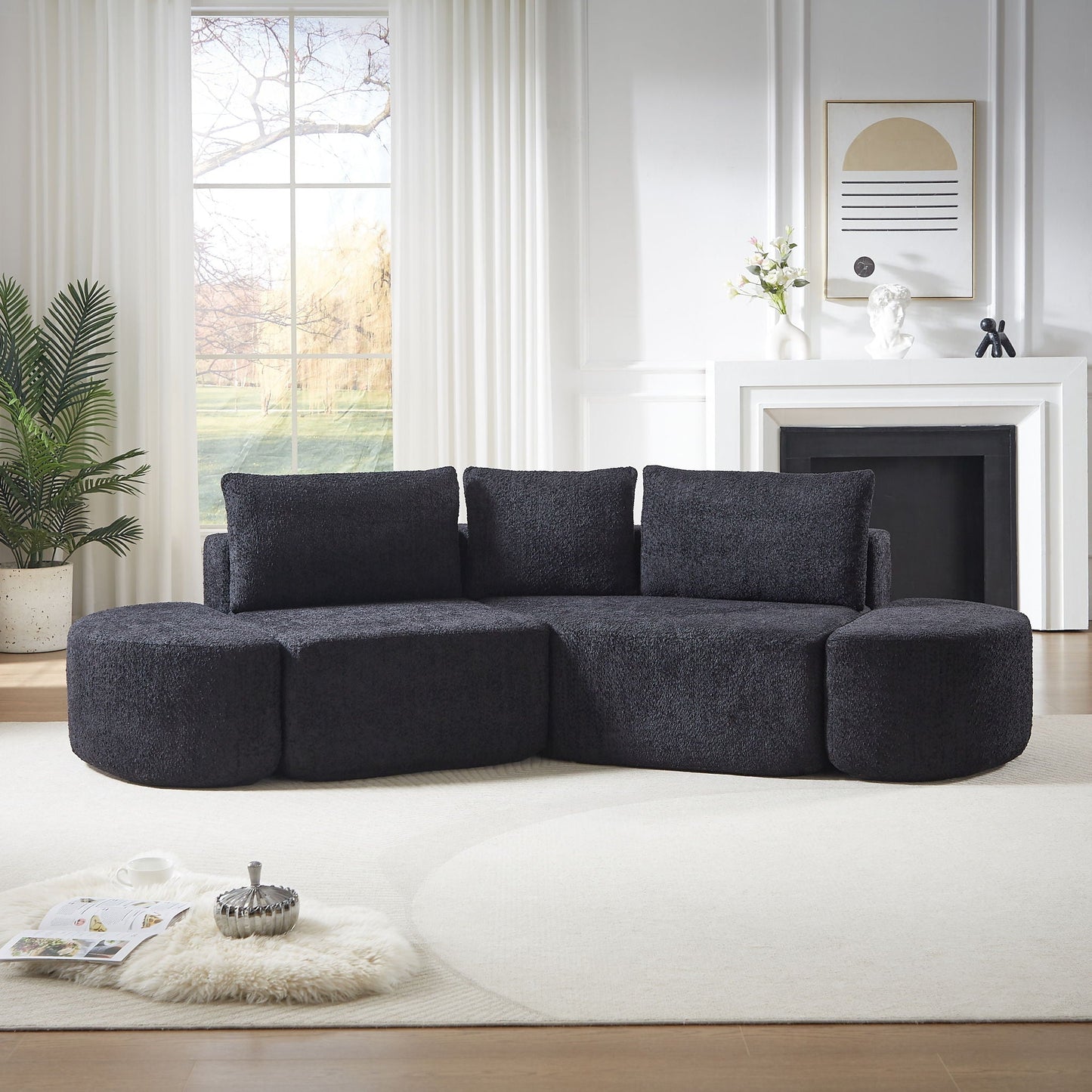 V - Shaped Modular Sofa Set & 3 Pillows And 2 Curved Ottomans For Living Rooms - Black Home Essentials