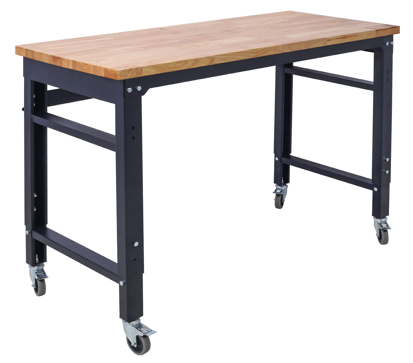 Wide Rolling Workbench For Garage, Adjustable Height, Workshop Tool Bench, Metal With Rubber Wood Top Daily Nest