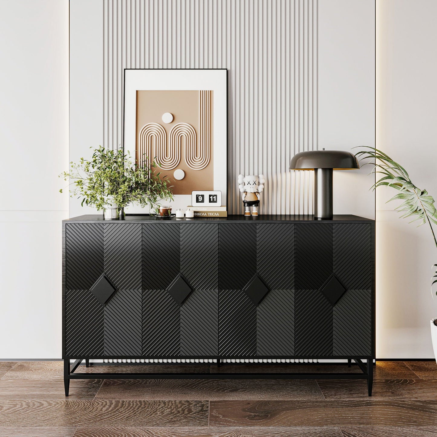 Accent Lacquered 4 Door Wooden Cabinet Sideboard Buffet Server Cabinet Storage Cabinet, For Living Room, Entryway, Hallway, Office, Kitchen And Dining Room - Matte Black Home Essentials