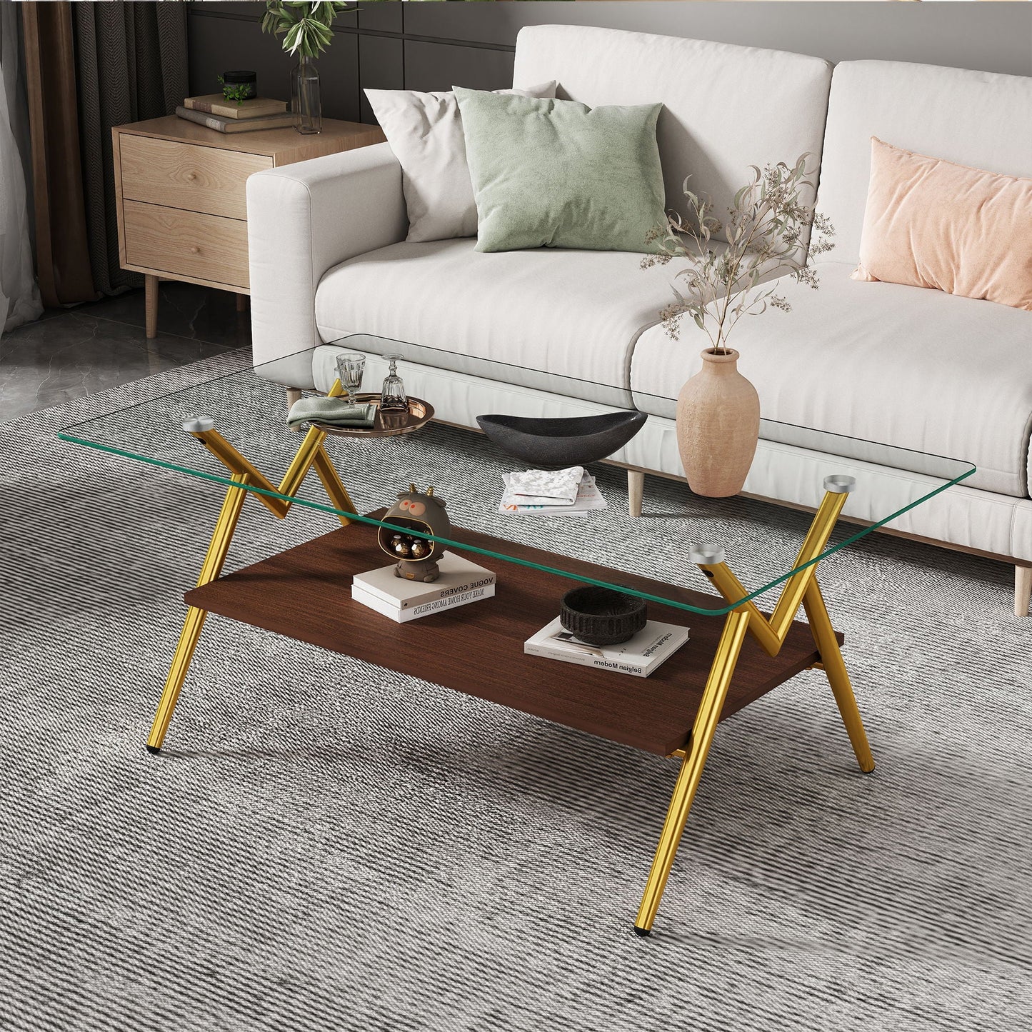 Rectangle Coffee Table With Tempered Glass Top And Shelf, Modern Table For Living Room Home Essentials