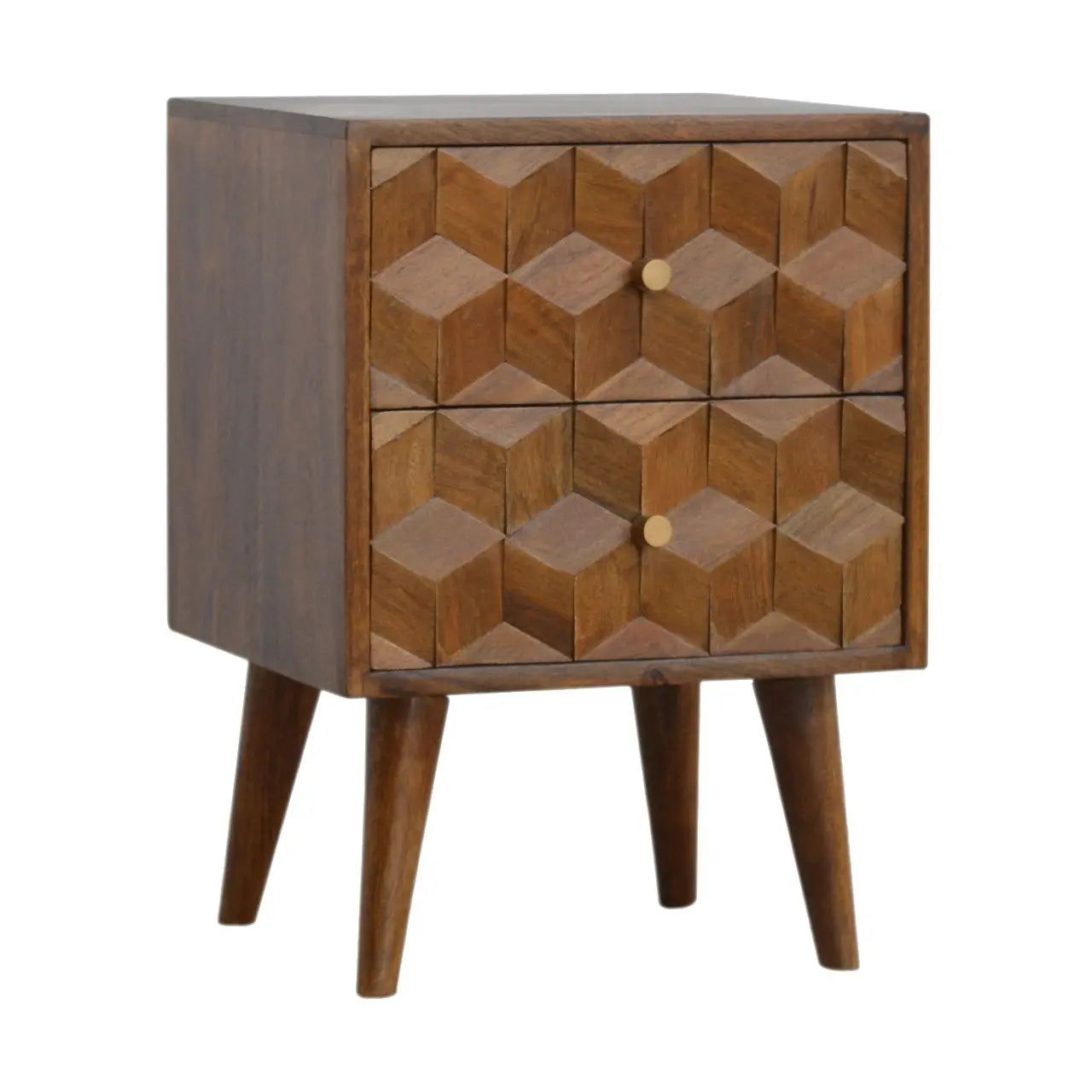 Cube Carved Bedside Table Nightstand - Chestnut Artisan Furniture