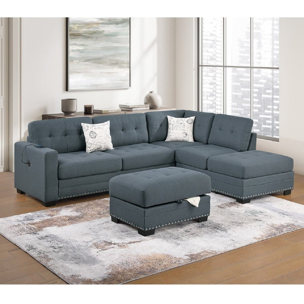 L - Shaped Sectional Sofa Set With Storage Ottoman, Tufted Upholstery Nailhead Trim Home Essentials
