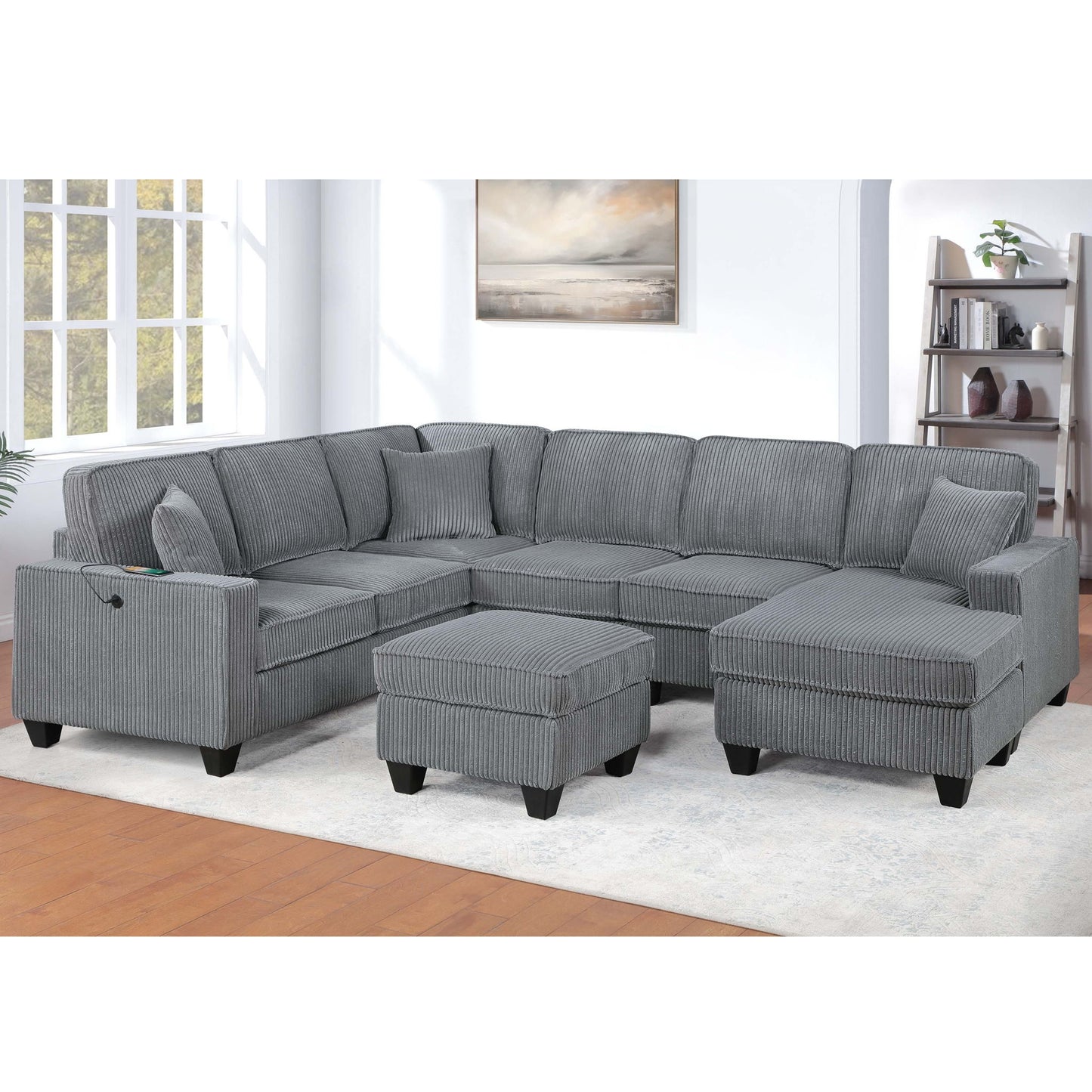 Left Arm Facing Loveseat With USB Port And Storage Sectional Set With Corner Wedge Armless Chair And Cocktail Ottoman - Fog Home Essentials