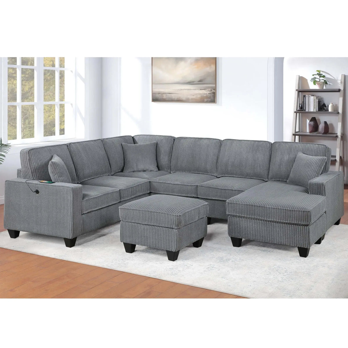 Left Arm Facing Loveseat With USB Port And Storage Sectional Set With Corner Wedge Armless Chair And Cocktail Ottoman - Fog Home Essentials