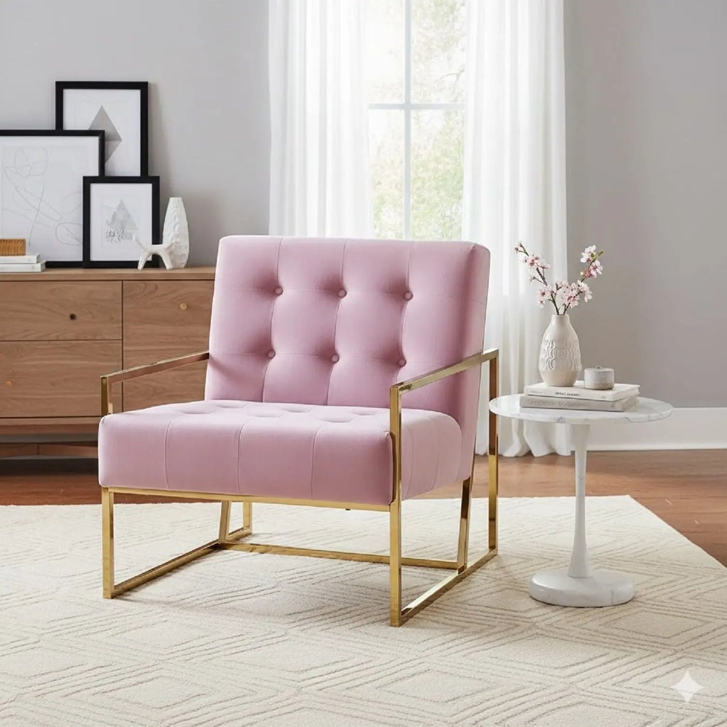 Tufted Accent Armchair With Frame For Living Room - Pink / Gold Home Essentials