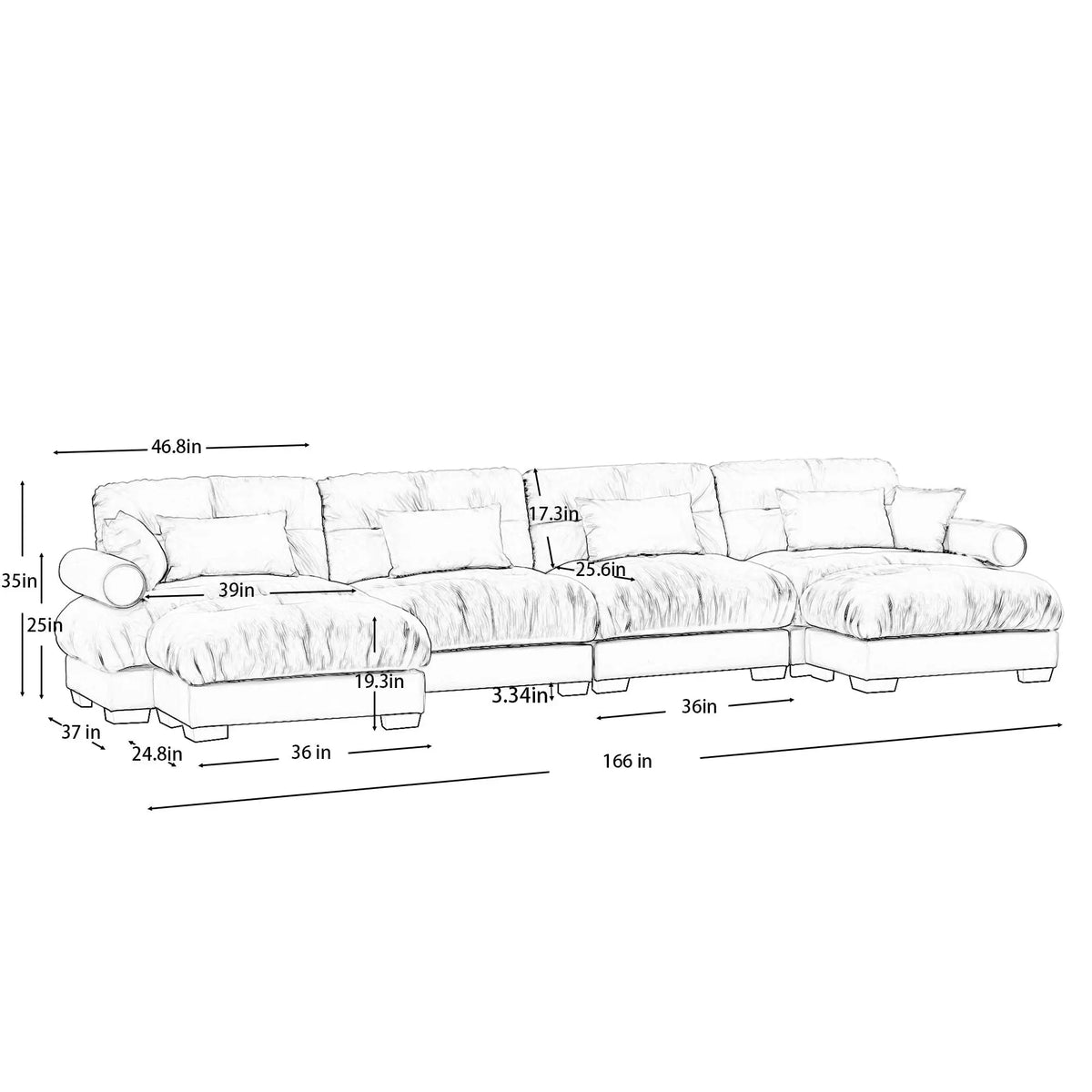 Modern Sectional Sofa With Ottoman, Round Bolster Armrests, Waist And Throw Pillows Home Essentials