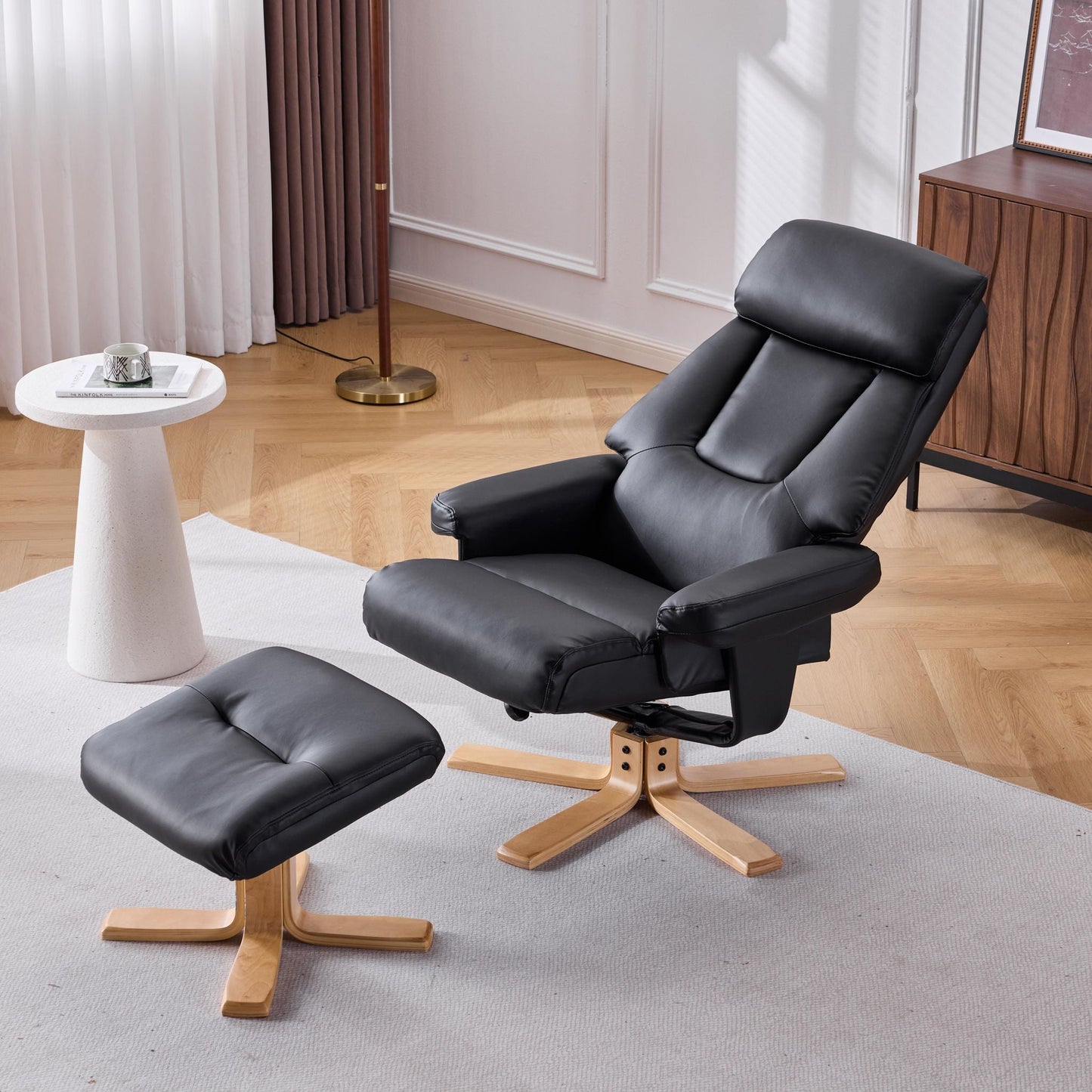 Massage Recliner With Ottoman, 360° Swivel, Heat & Vibration - Black Pu Home Essentials