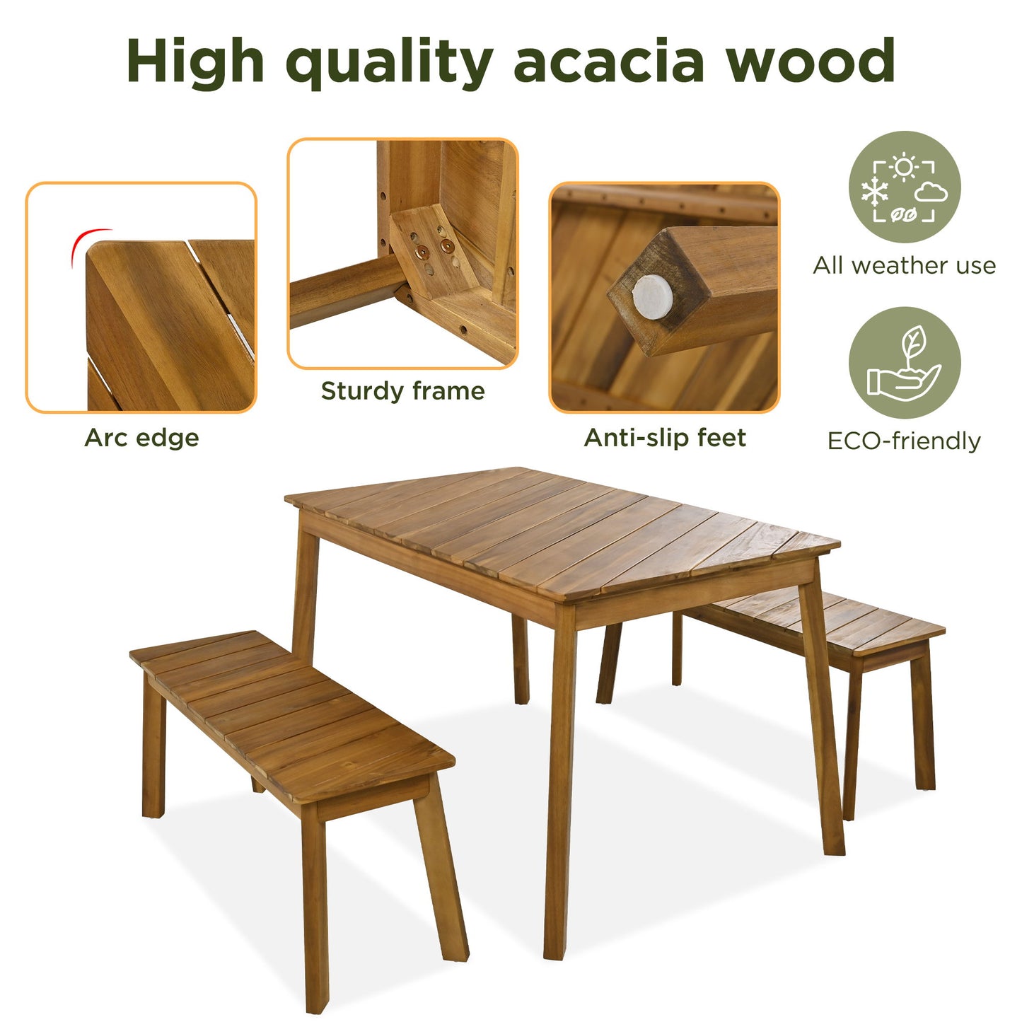 3 Pieces Acacia Wood Table Bench Dining Set For Outdoor & Indoor Furniture With 2 Benches, Picnic Beer Table For Patio, Porch, Garden, Poolside - Natural Hearth and Haven