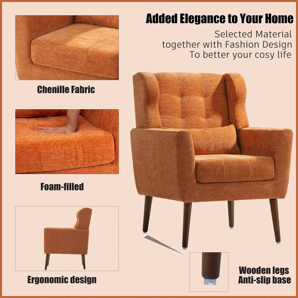 Modern Accent Chair, Arm Chairs For Living Room, Upholstered Mordern Armchair, Comfy Soft Padded Lounge Chair In Small Space, Bedroom, With Pillow, Solid Wood Leg Home Essentials