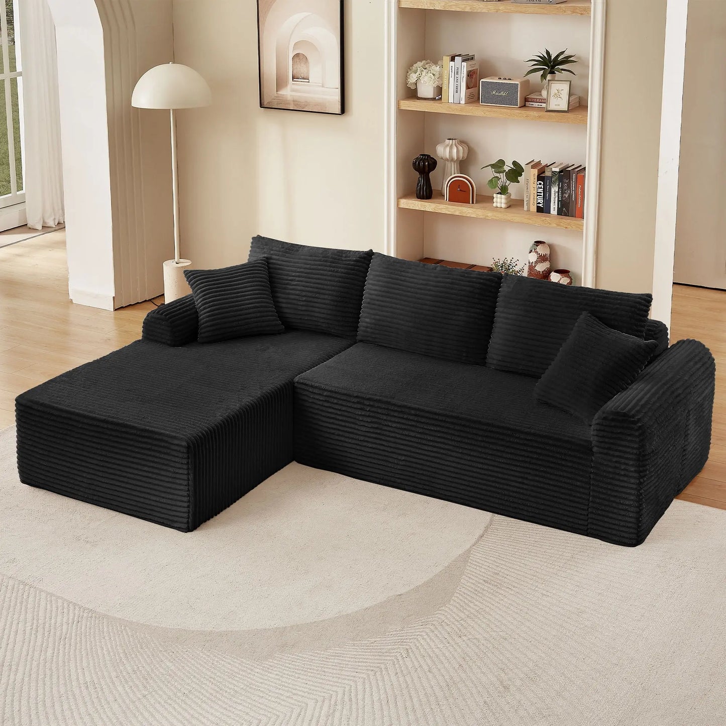 Modular Corduroy Sectional With Arched Armrests, Includes 3 Back Cushions & 2 Throw Pillows Home Essentials