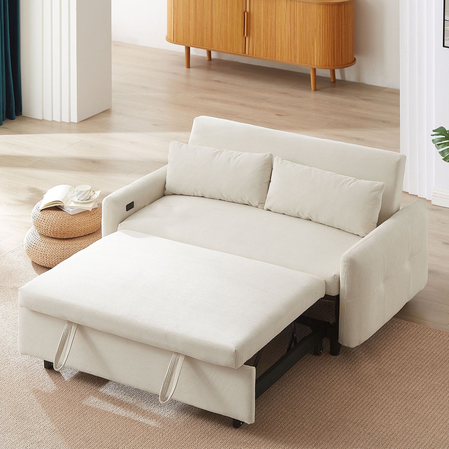 Pull-Out 2 Seat Modern Sleeper Sofa With 2 Throw Pillows And USB Ports Hearth and Haven