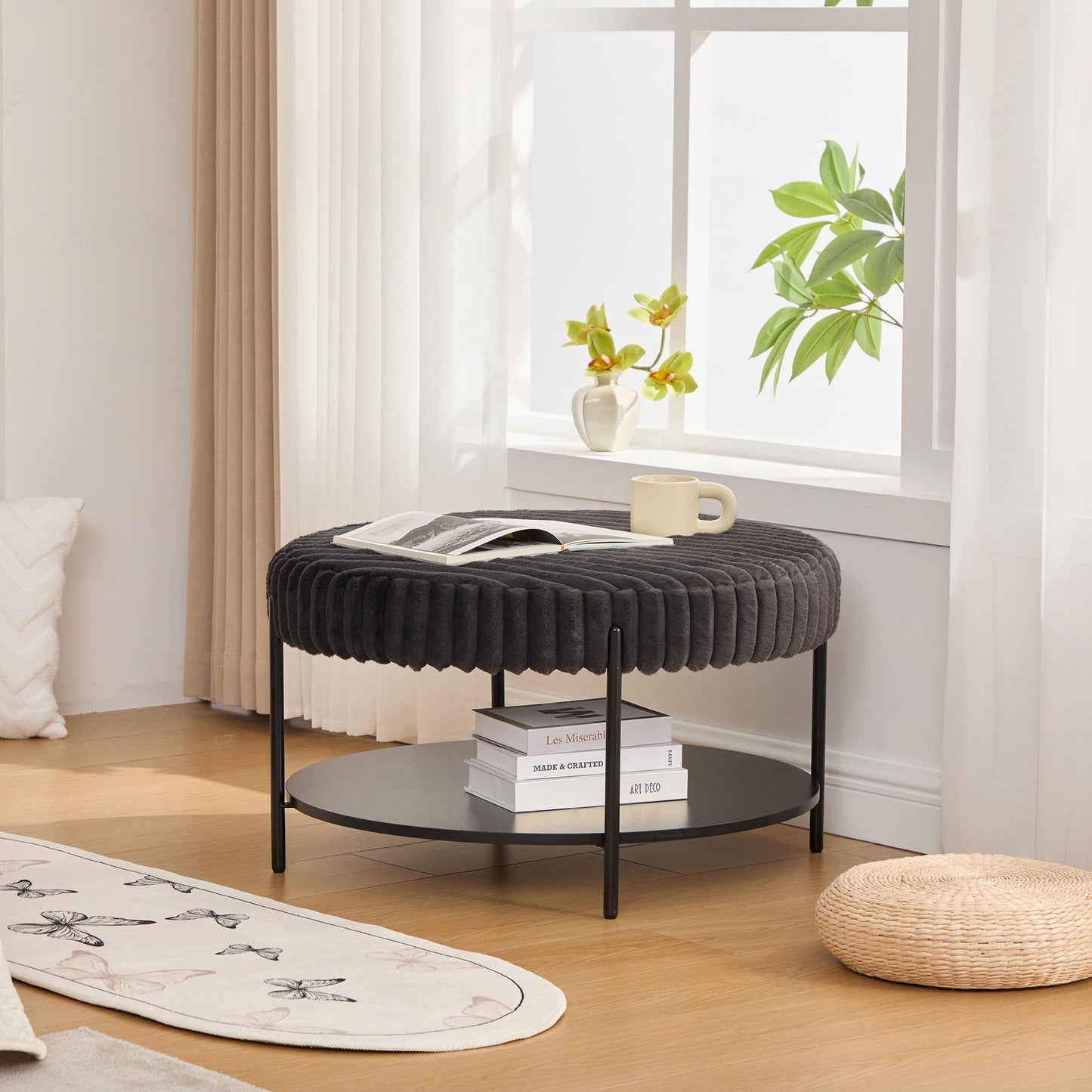 Modern Upholstered Round Ottoman Coffee Table With Storage Shelf Home Essentials