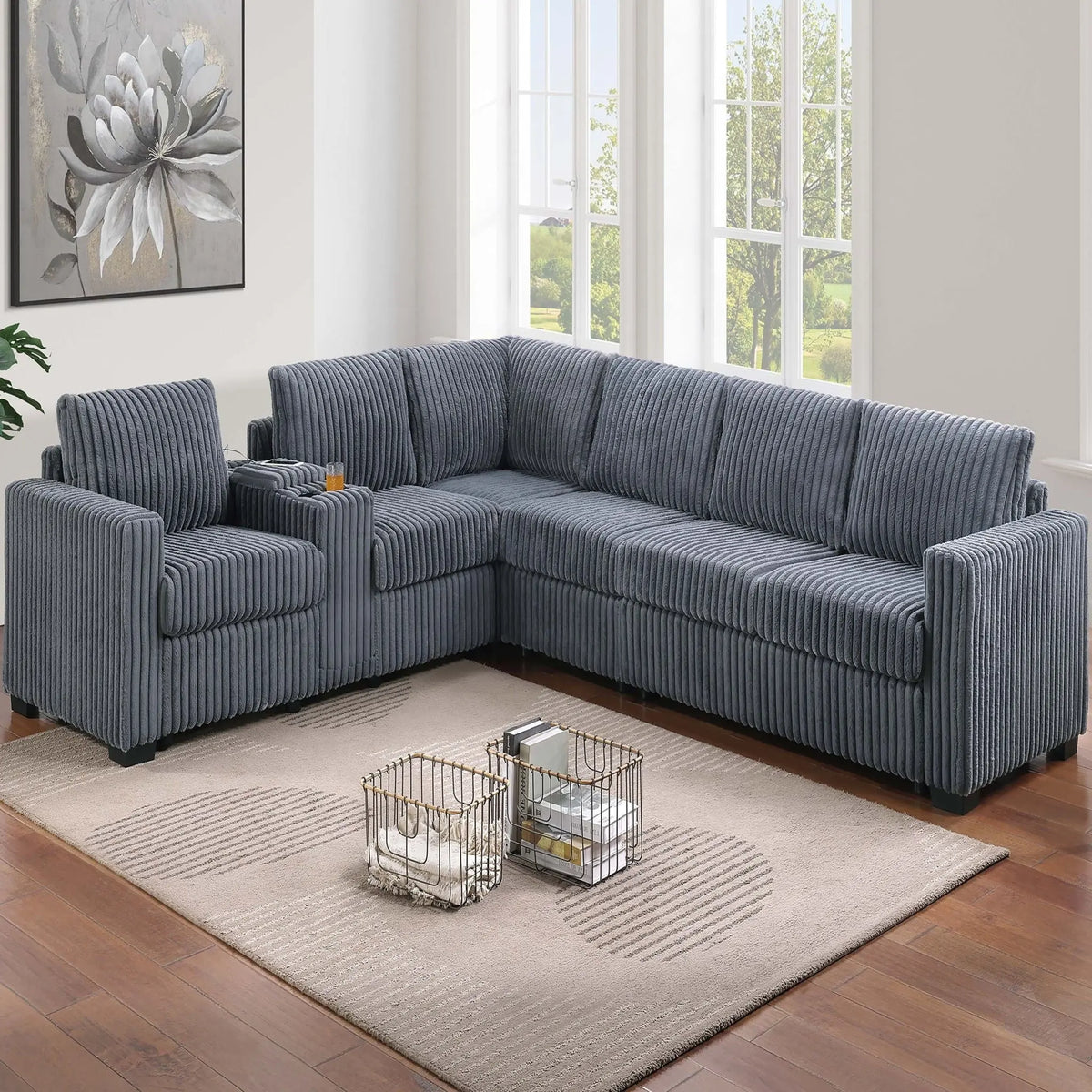 Modern Style L-Shape Sectional Set, USB Ports, Cup Holder Home Essentials