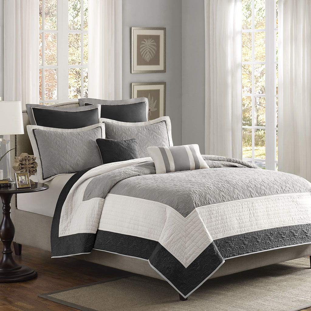 Attingham - King 7 Piece Reversible Coverlet Set - Black Madison Park