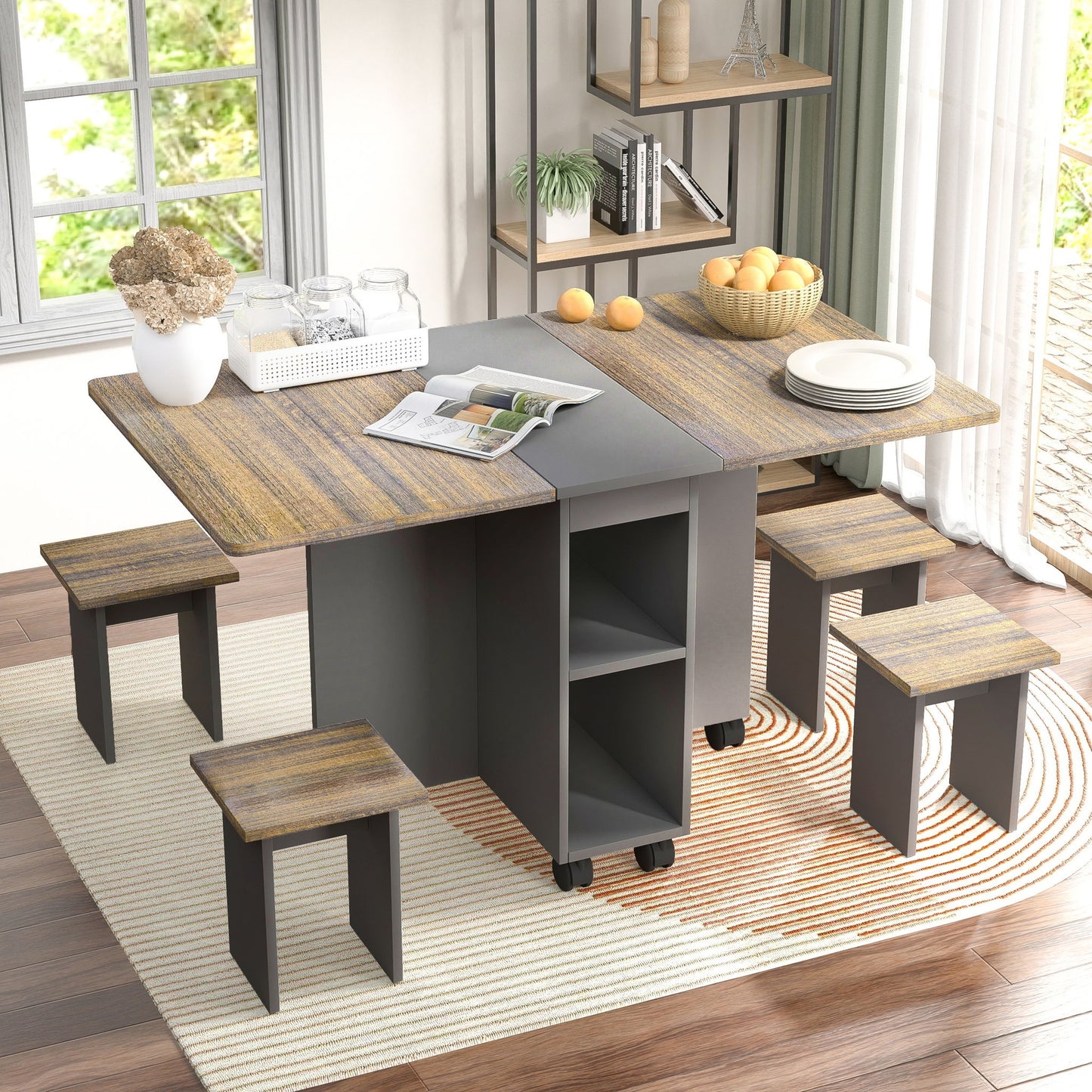 Contemporary 5 Piece Folding Extendable Dining Table Set With Chairs For 4 - Brown Home Essentials