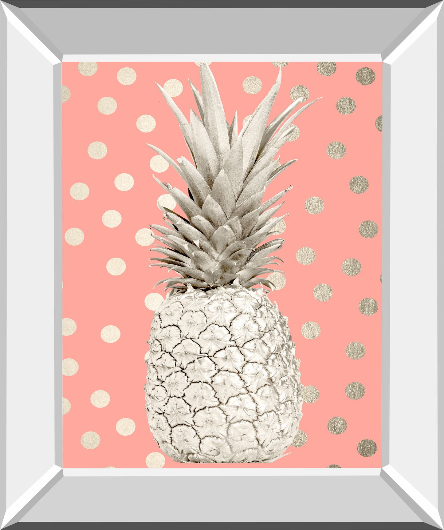 White Gold Pineapple On Polka Dots Pink By Nature Magick - Mirror Framed Print Wall Art - Pink - Snoozhouse
