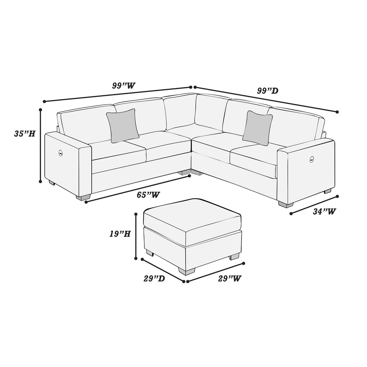 Upholstered L - Shaped 4 Piece Sectional Set With USB, Cocktail Ottoman Home Essentials