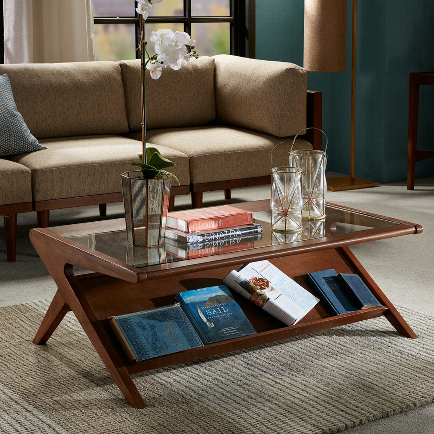 Coffee Table With Tempered Glass Top, Solid Wood Frame - Walnut JLA