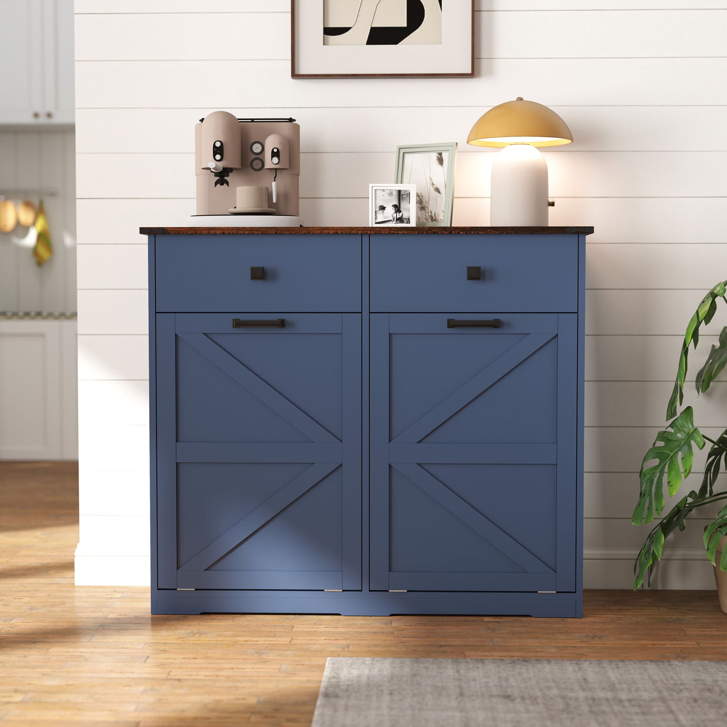 Double Tilt Out Trash Cabinet With Hideaway Drawer And Barn Door Style Home Essentials