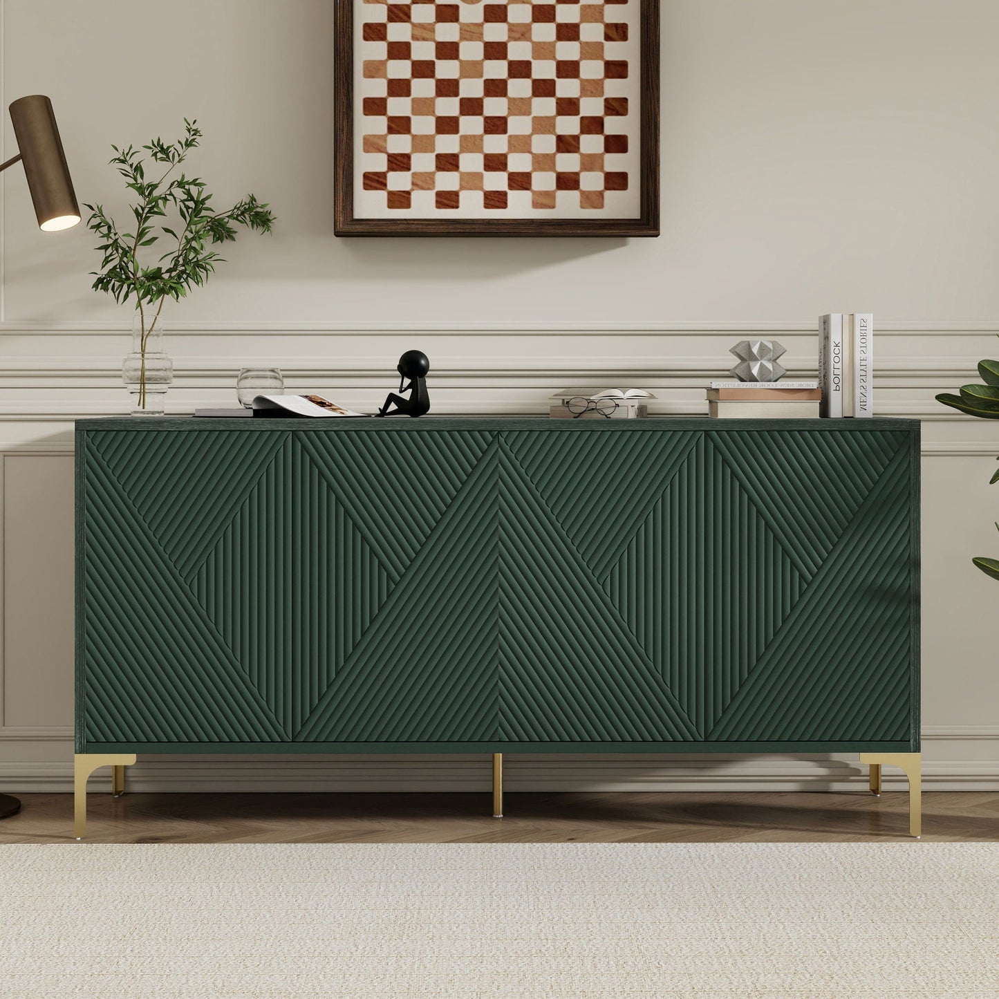 Modern Wood Sideboard Cabinet With Carved Door Panels, Adjustable Shelves, And Sturdy Metal Legs Home Essentials