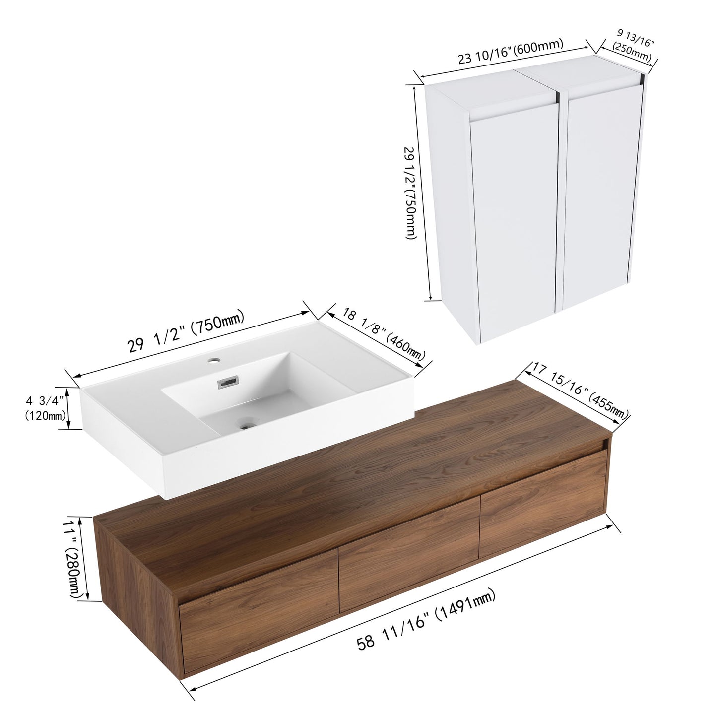 Wall Mounted Bathroom Vanity With Resin Sink And 2 Side Cabinet, 3 Soft Close Drawer - Brown Ebony Home Essentials