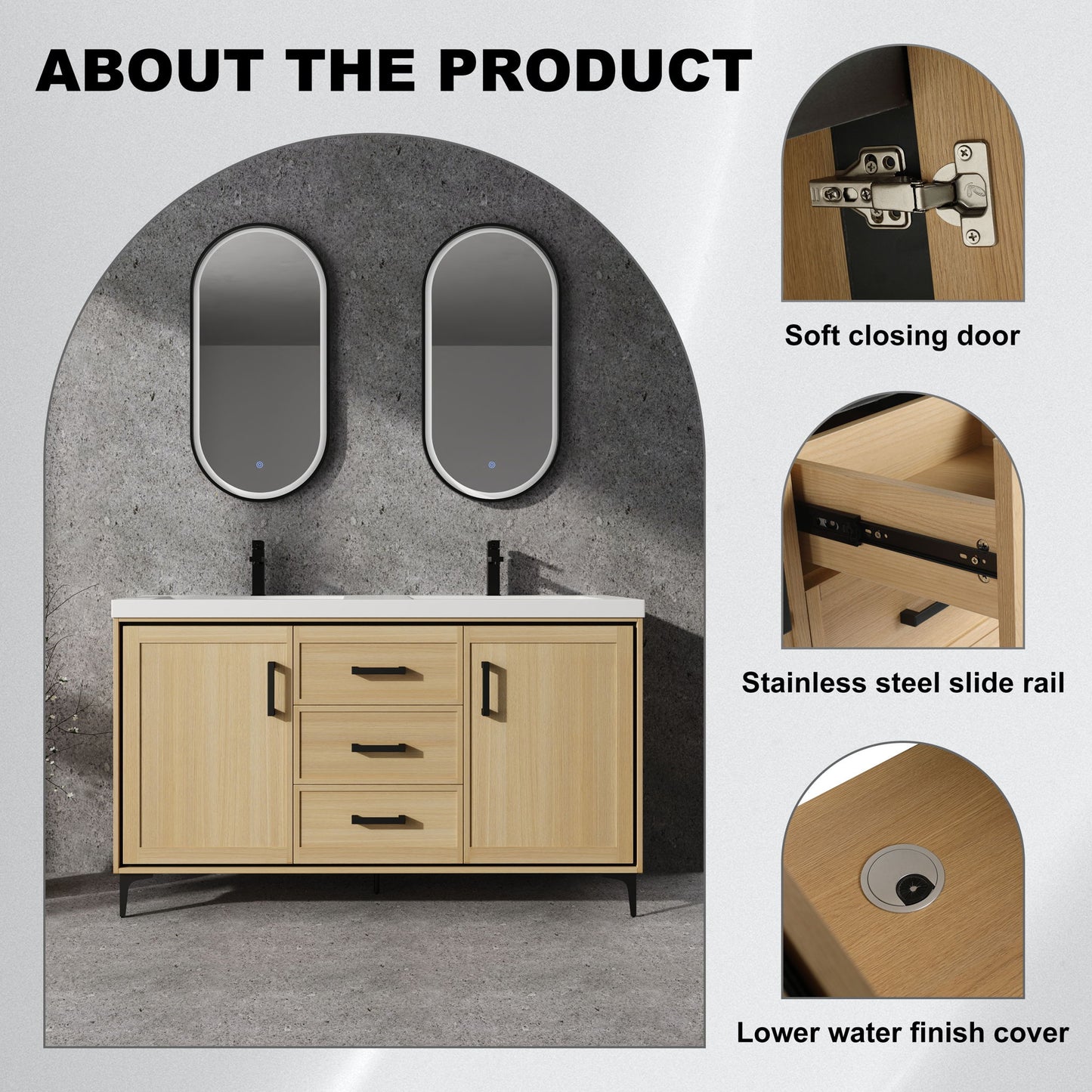Original 60" Freestanding Bathroom Vanity With Double Resin Sink Plywood Soft Closing Doors & Drawers - Oak Home Essentials