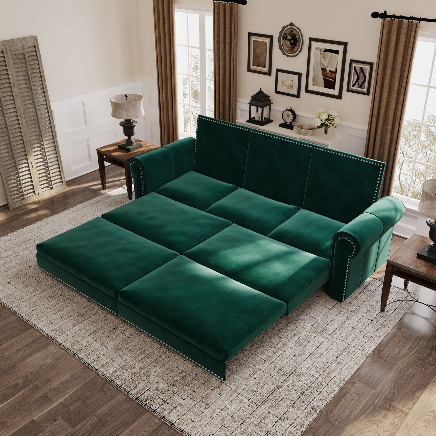 3 In 1 Convertible Sleeper Sofa With Nailhead Trim & Rolled Arm Home Essentials