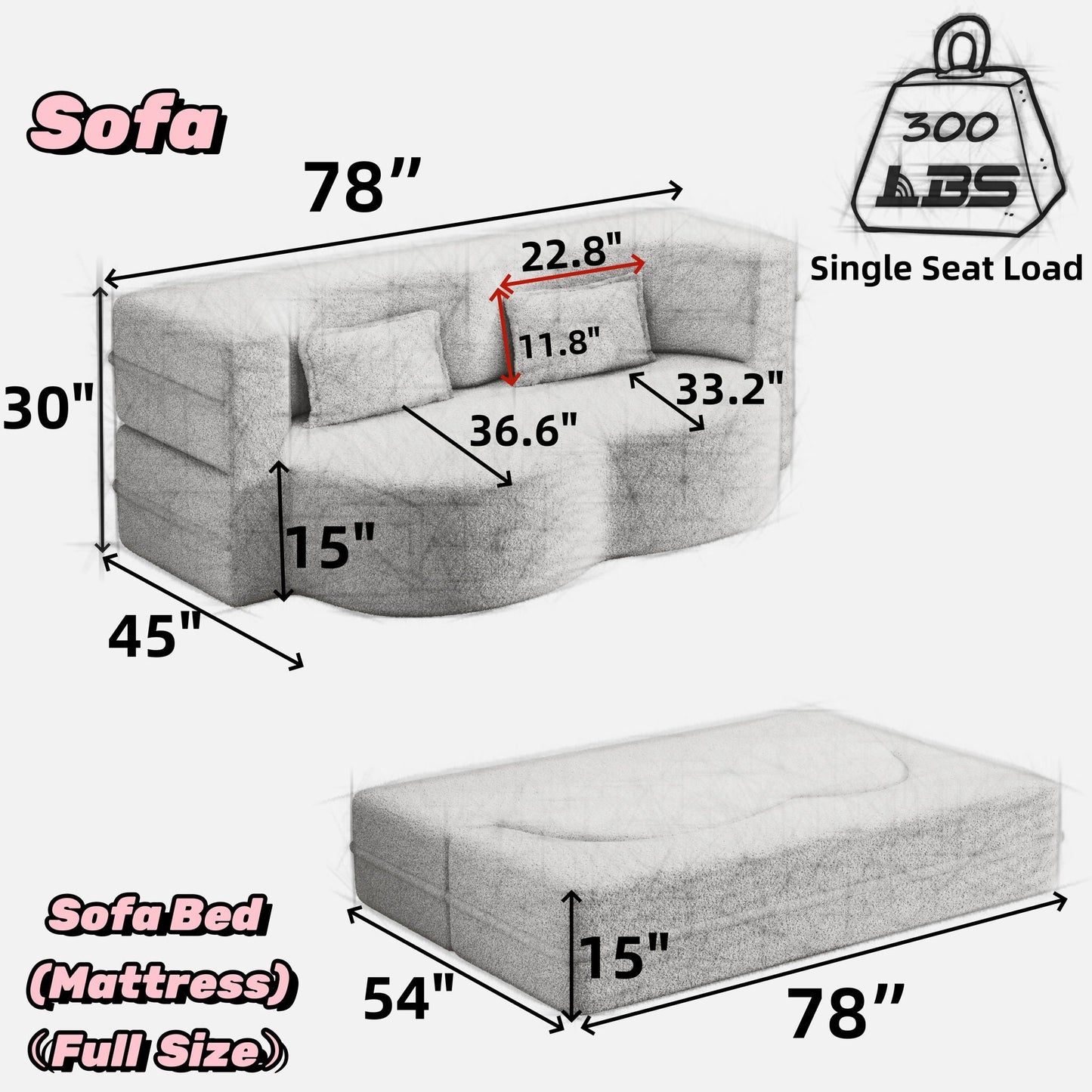 Modern Floor Sofa, With 2 Pillows, Convertible Teddy Fabric Foam Filled Bed Home Essentials