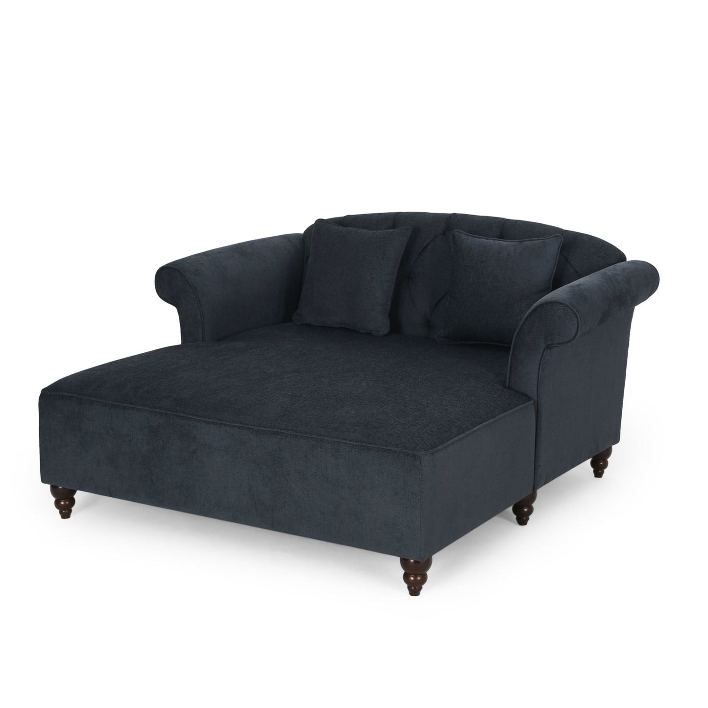 Upholstered Chaise Lounge & Scroll Arms, Turned Legs And 2 Pillows - Charcoal Noble House