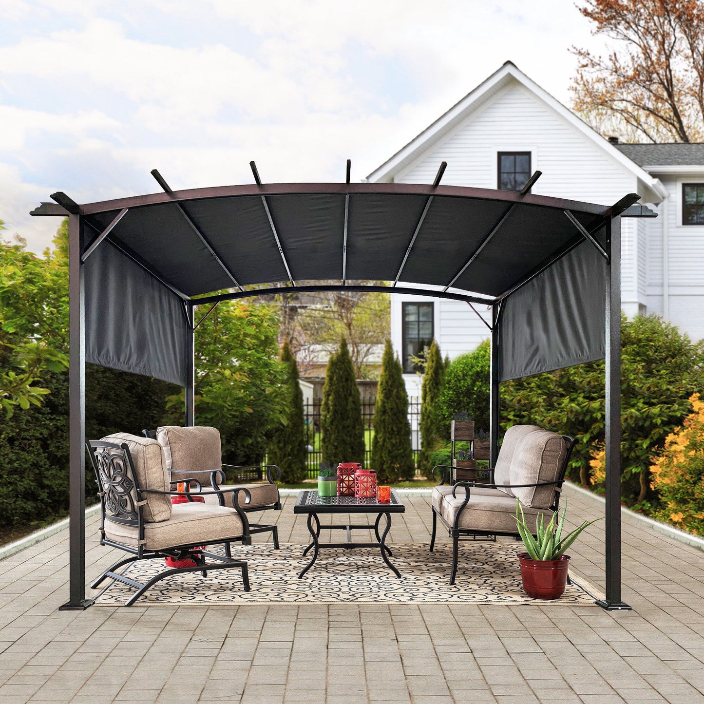 Outdoor Patio Pergola Gazebo - Steel Frame Sun Shelter With Retractable Canopy Home Essentials