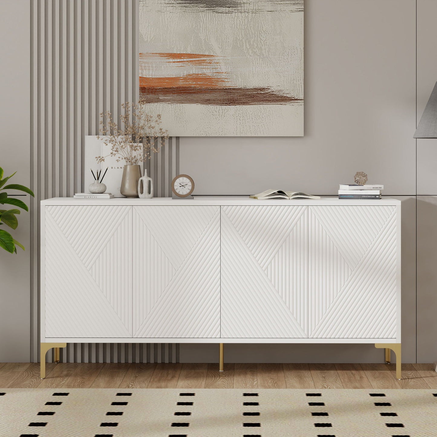 Modern Wood Sideboard Cabinet With Carved Door Panels, Adjustable Shelves, And Sturdy Metal Legs Home Essentials