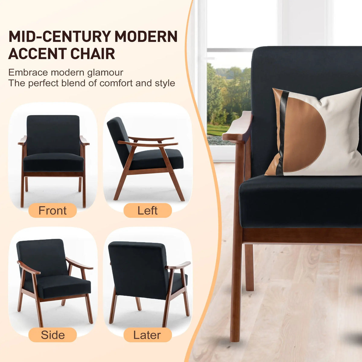 Mid Century Modern Accent Chair With Solid Wood Frame And Extra Thick Backrest Home Essentials
