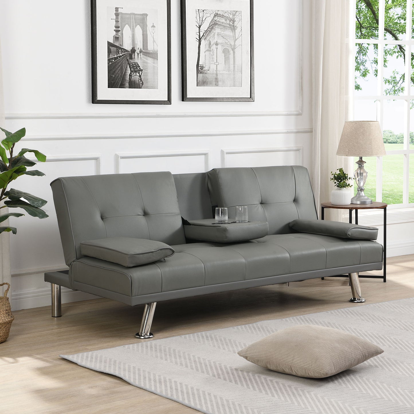 Modern Sofa Bed With Armrest 2 Holders, Wood Frame & Stainless Leg Home Essentials