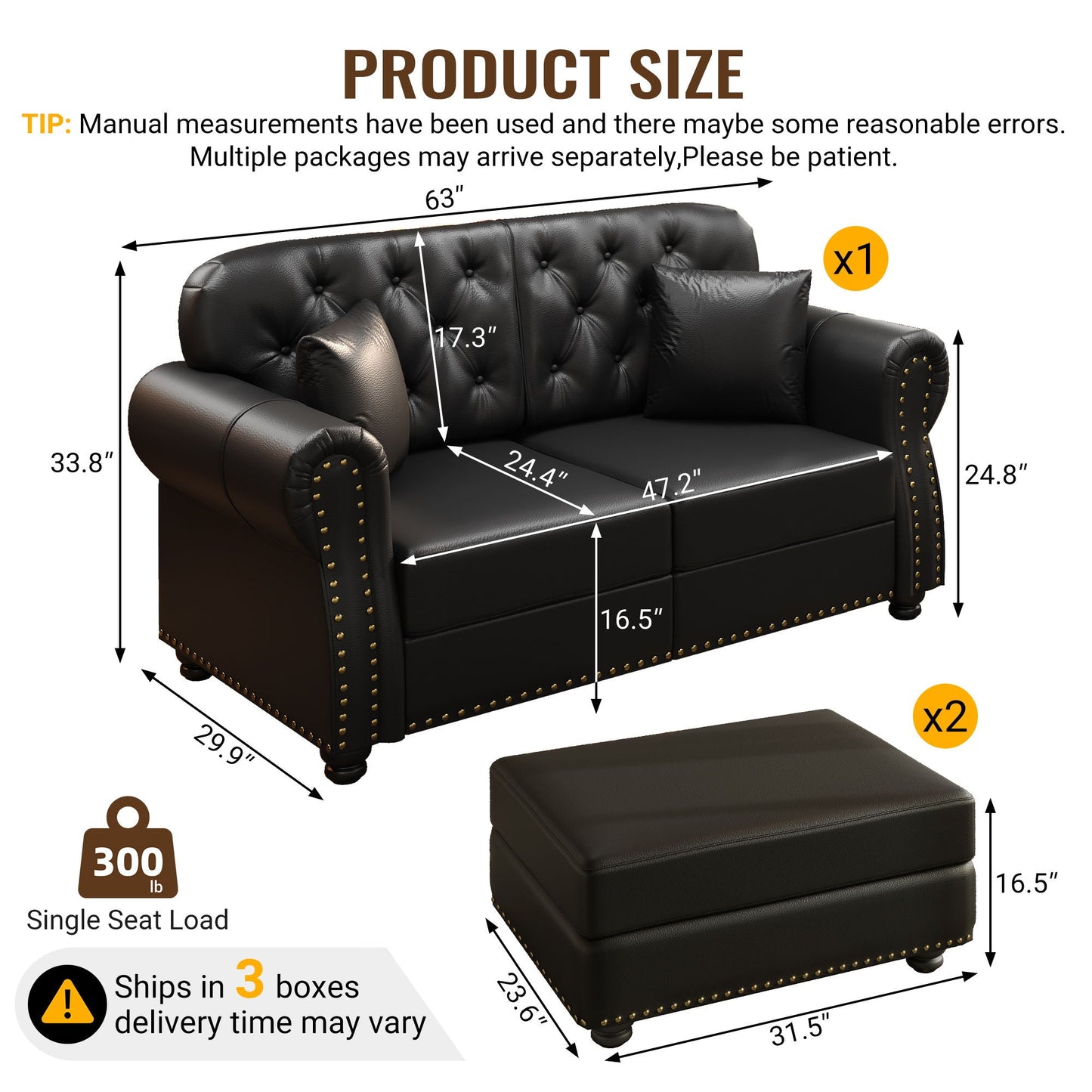 Upholstered Sofa With Nailhead Trim, Rolled Armrests With Ottoman Home Essentials