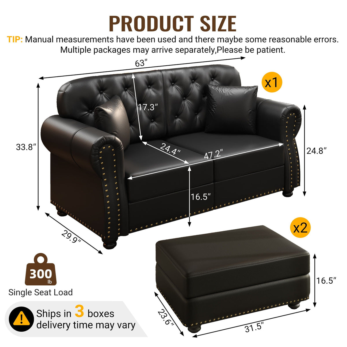 Upholstered Sofa With Nailhead Trim, Rolled Armrests With Ottoman Home Essentials
