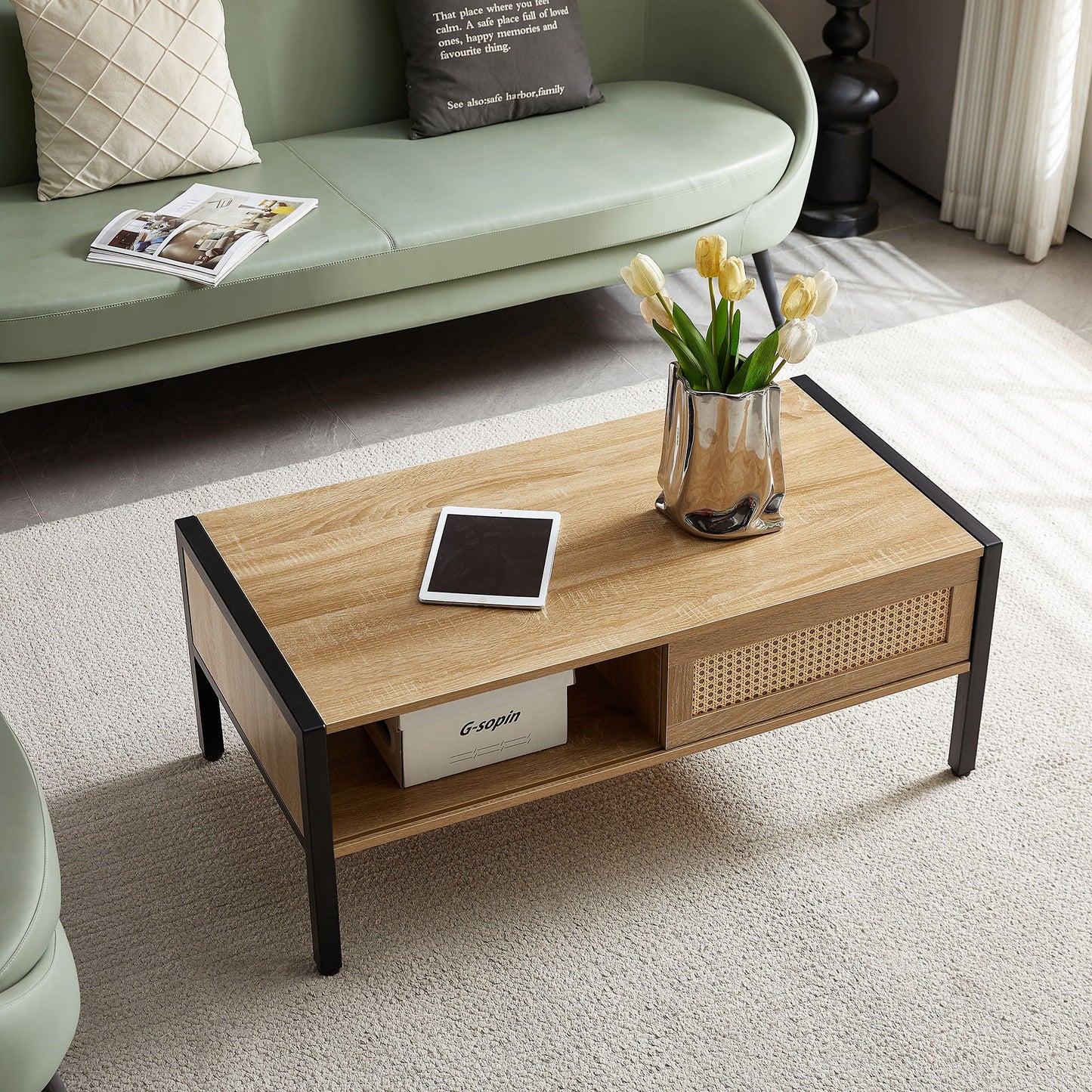 40.16" Rattan Coffee Table, Sliding Door For Storage, Metal Legs, Modern Table For Living Room Home Essentials