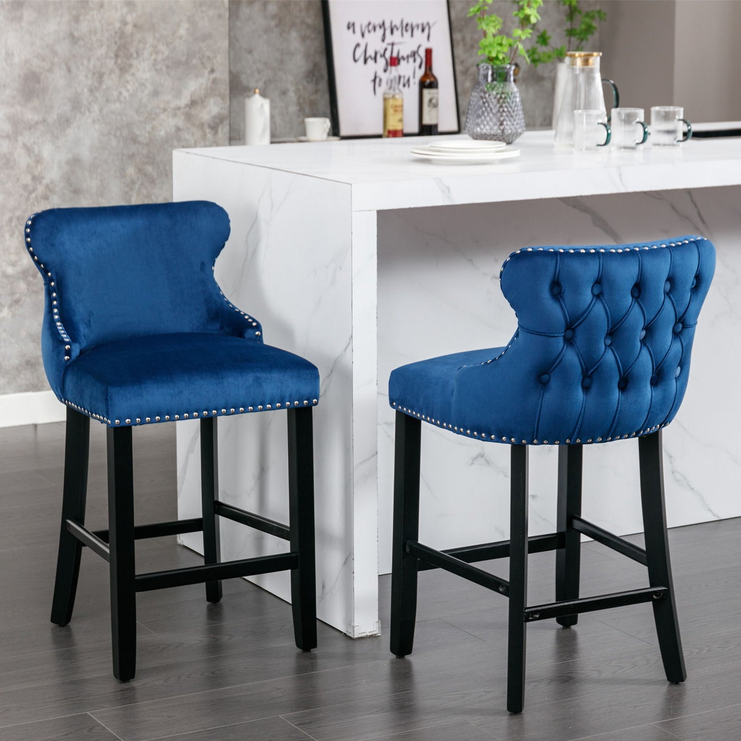 Contemporary Velvet Upholstered Wing-Back Barstools With Button Tufted Decoration And Wooden Legs, And Chrome Nailhead Trim, Leisure Style Bar Chairs, Bar Stools (Set of 2) Home Essentials