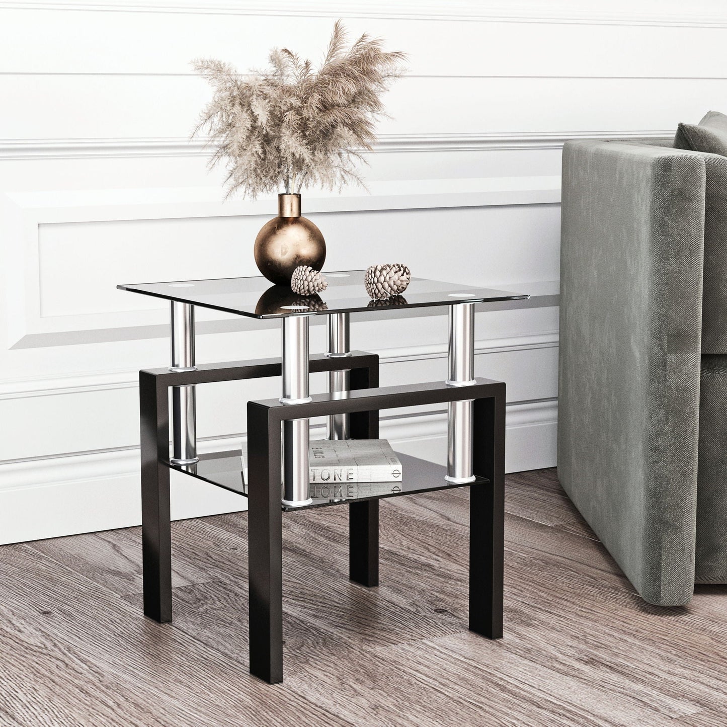 Modern Tempered Glass Tea Table, End Square Table For Living Room - Black Home Essentials